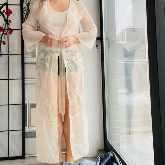 McClintock Floral Organza Transparent Bell Sleeve Belted Embroidered Long Robe - Picture 8 of 17